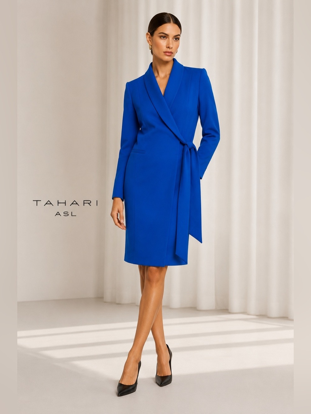 Tahari ASL NWT Blue Blazer Dress Side Tie Shawl Collar Size 16